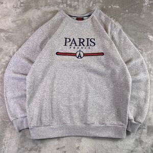 Vintage Paris France Crewneck Sweatshirt Gray Spellout Eiffel Tower Graphic XL